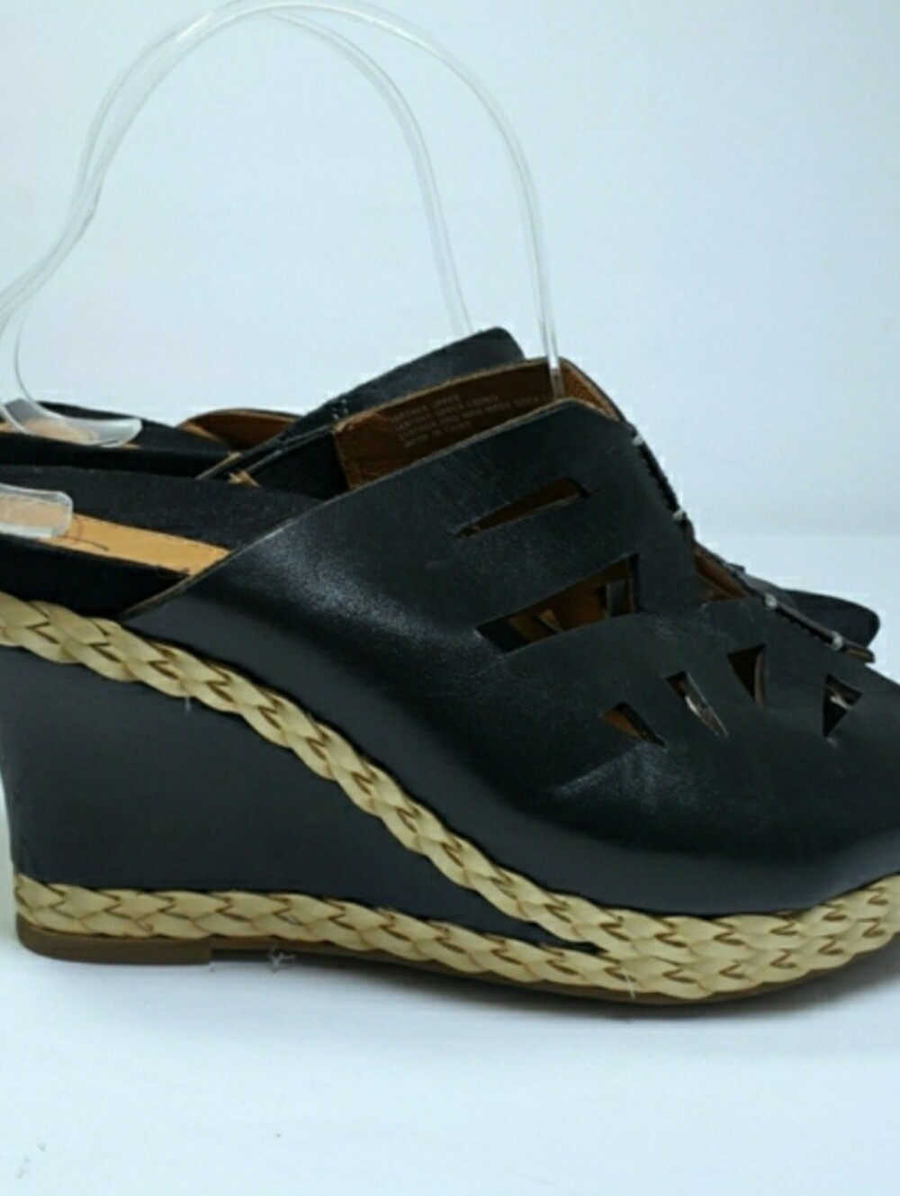 Earthies Black Leather Wedge Heel Sandals